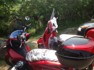 note the seat covers (brand name "Cool-Ass"!, aptly named!) protecting the seats from the sun