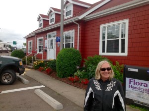 biker babe at the Cape Breton Island visitor center